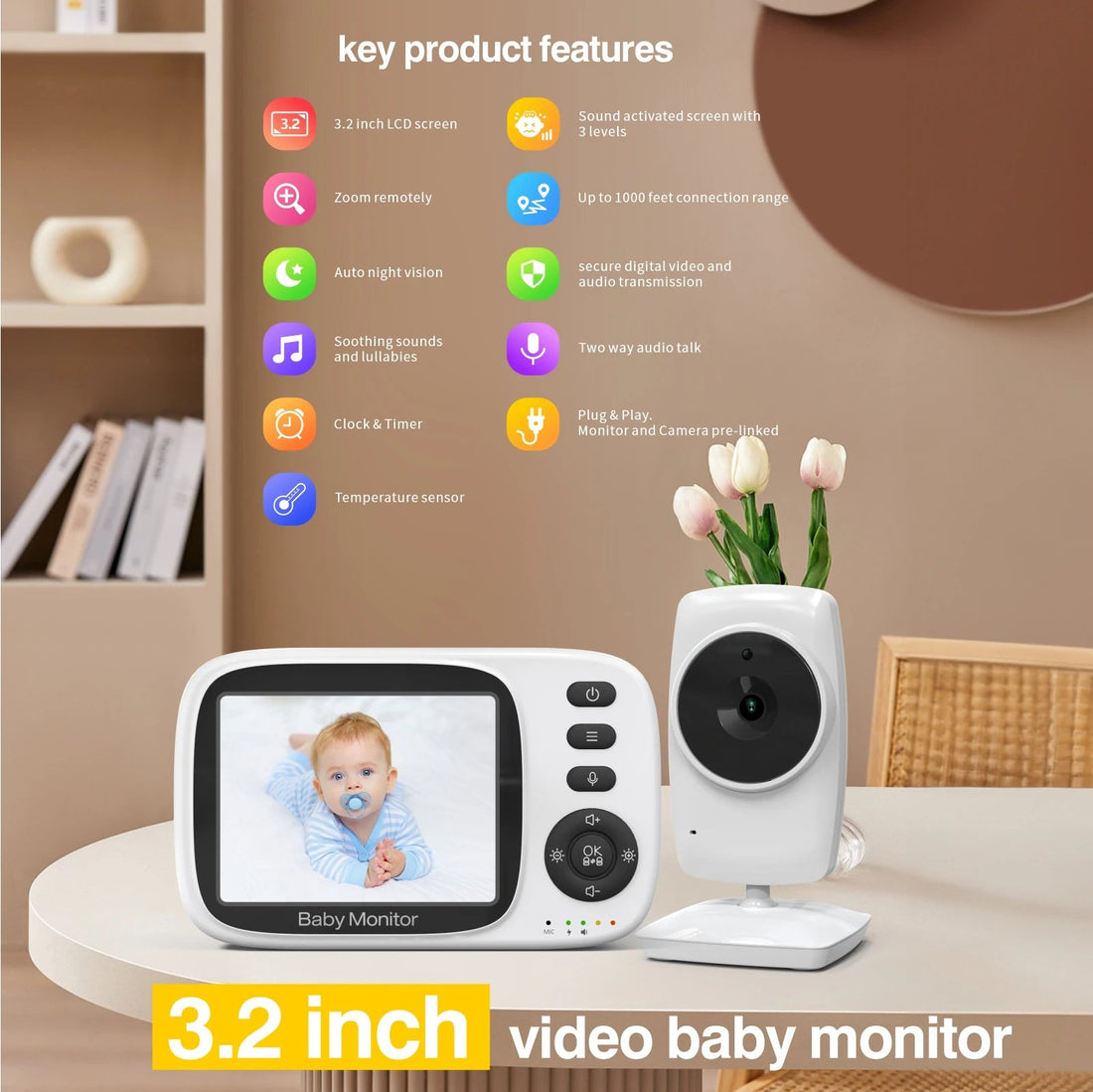 2.4G Wireless Video Baby Monitor 3.2 Inch LCD Night Vision